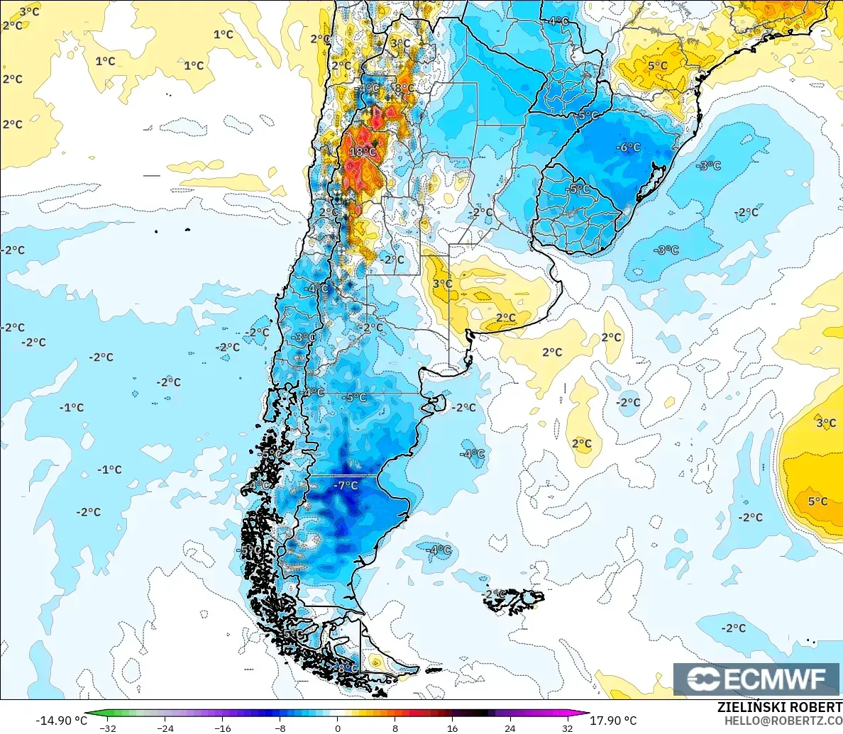 ECMWF IFS 0.25° modelo - Argentina, Anomalía de temperatura a 2 m