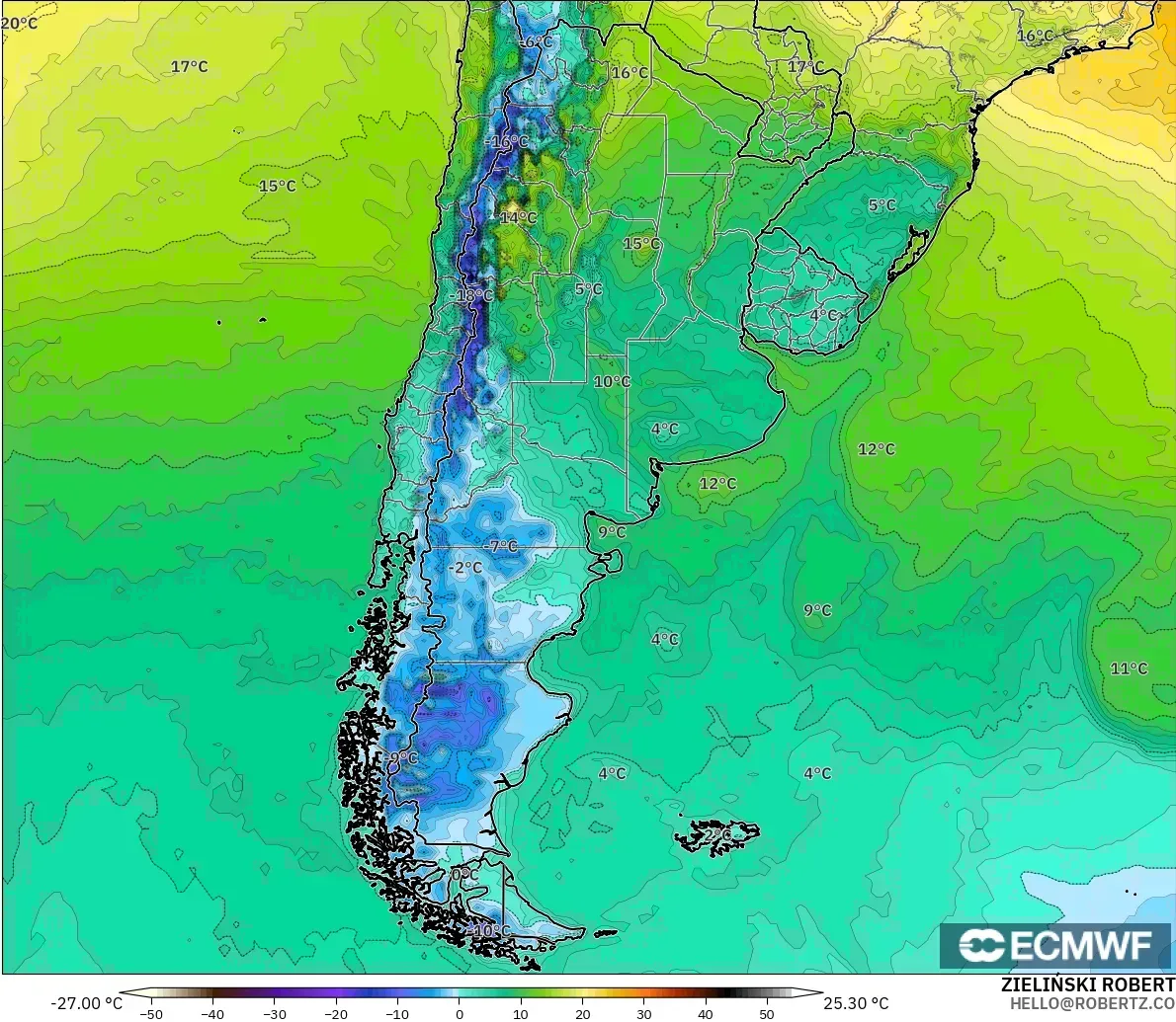 ECMWF IFS 0.25° modelo - Argentina, Temperatura a 2 m