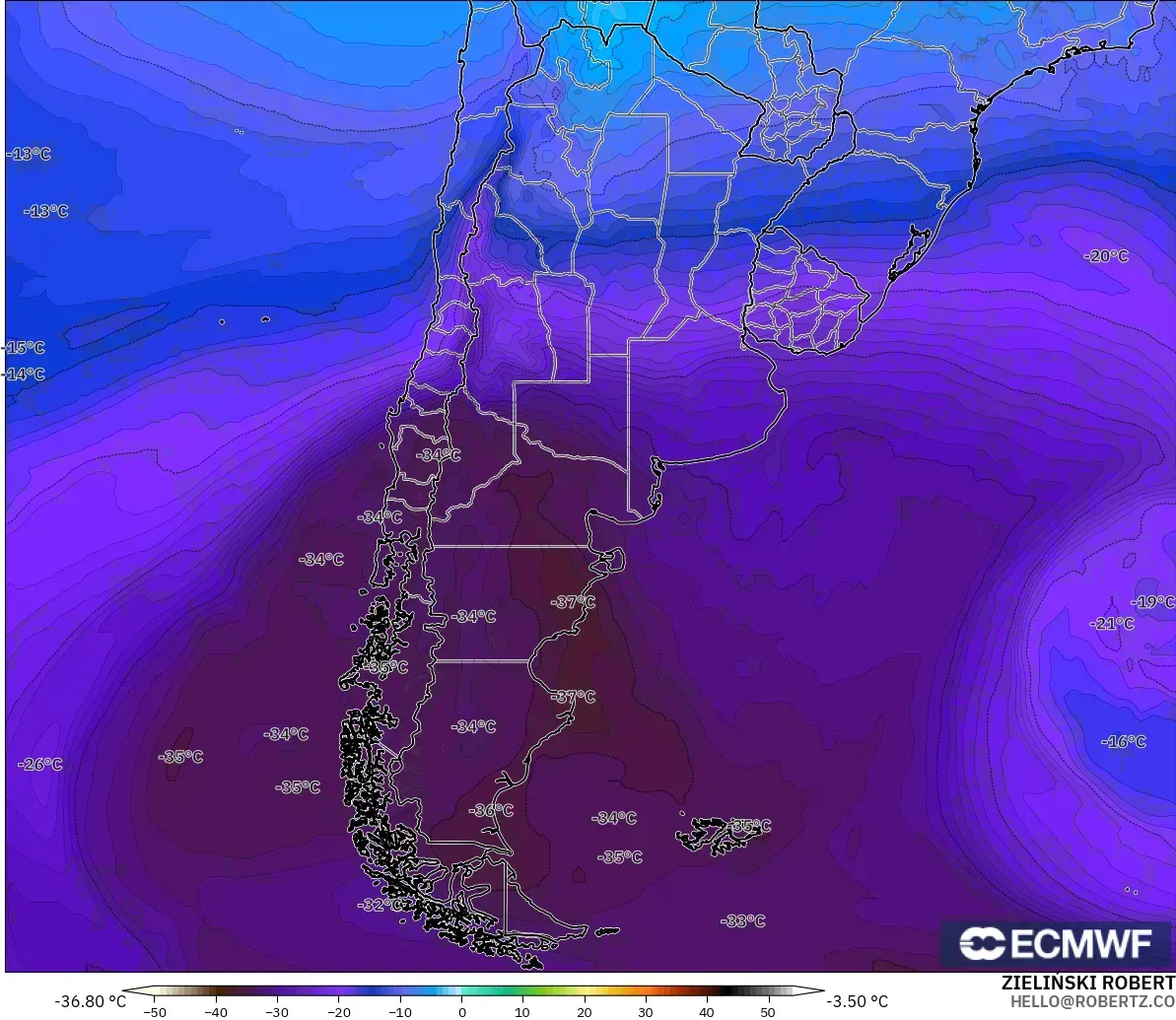 ECMWF IFS 0.25° modelo - Argentina, Temperatura a 500 hPa
