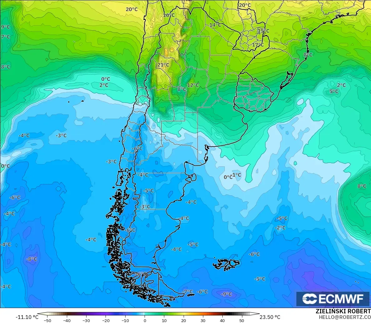 ECMWF IFS 0.25° modelo - Argentina, Temperatura a 850 hPa