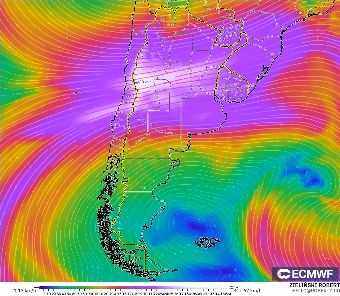 ECMWF IFS 0.25° modelo - Argentina, Viento a 300 hPa (corriente en chorro)