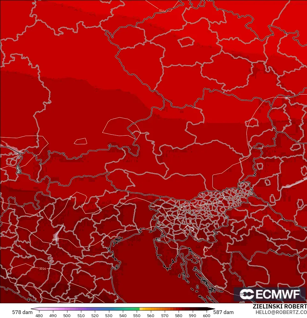 ECMWF IFS 0.25° modelo - Austria, Altura geopotencial a 500 hPa