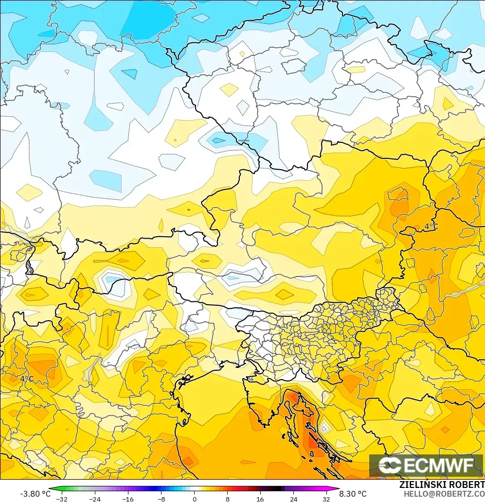 ECMWF IFS 0.25° modelo - Austria, Anomalía de temperatura a 2 m