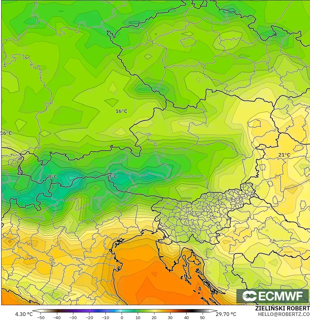 ECMWF IFS 0.25° modelo - Austria, Temperatura a 2 m