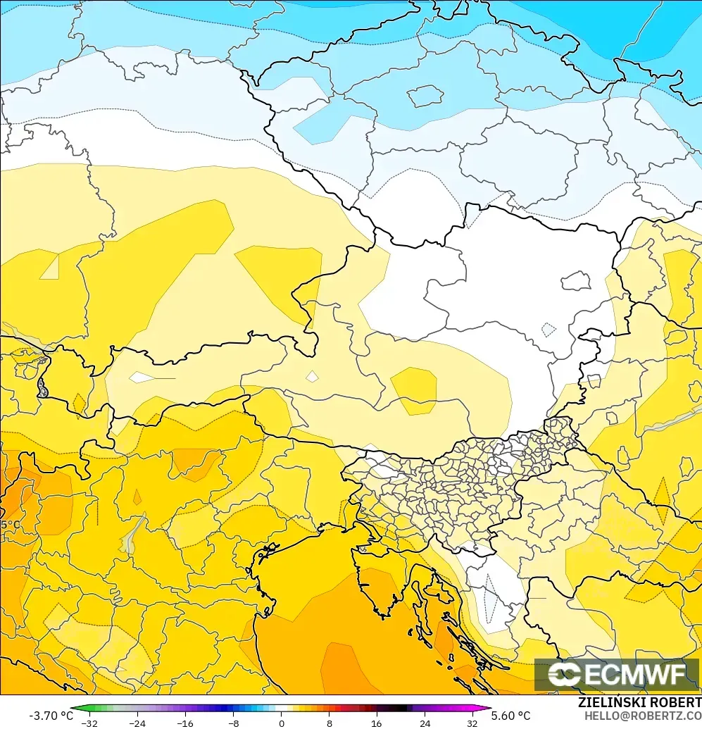 ECMWF IFS 0.25° modelo - Austria, Anomalía de temperatura a 850 hPa