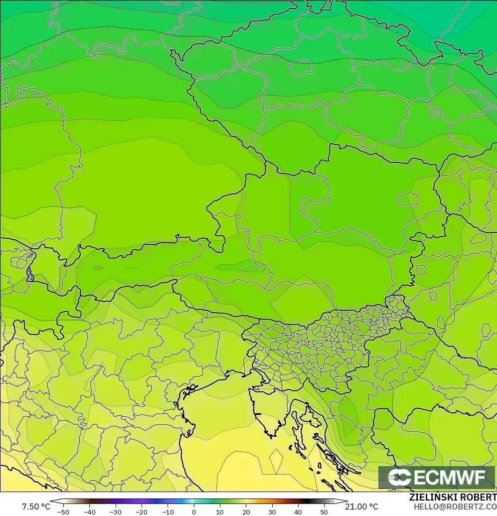 ECMWF IFS 0.25° modelo - Austria, Temperatura a 850 hPa