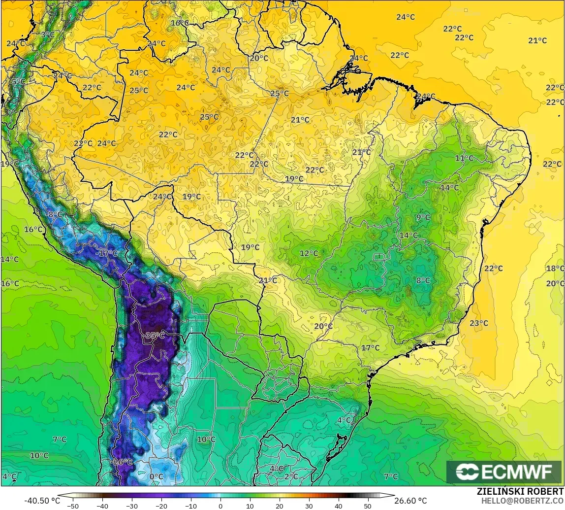 ECMWF IFS 0.25° modelo - Brasil, Punto de rocío a 2 m