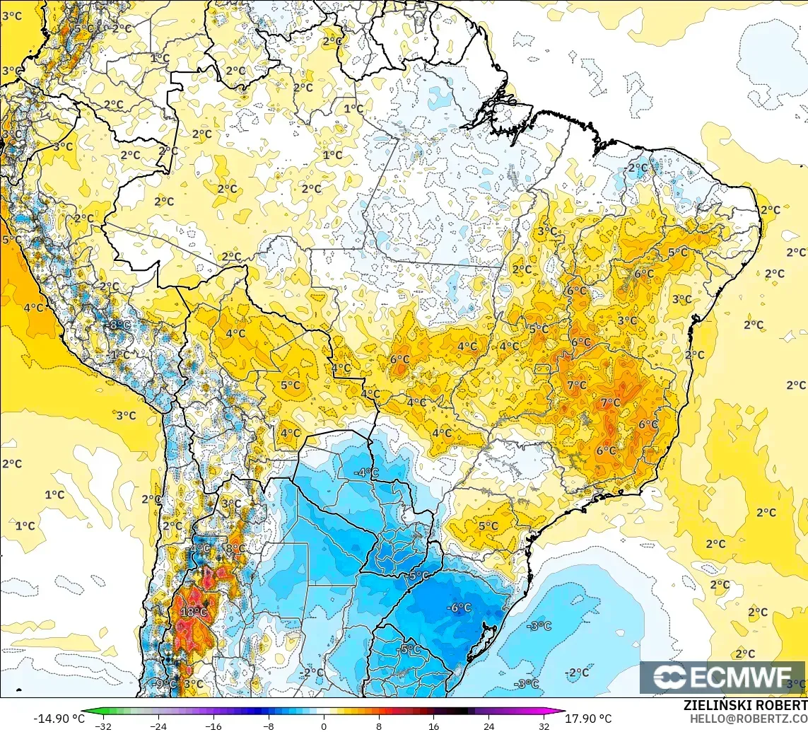 ECMWF IFS 0.25° modelo - Brasil, Anomalía de temperatura a 2 m