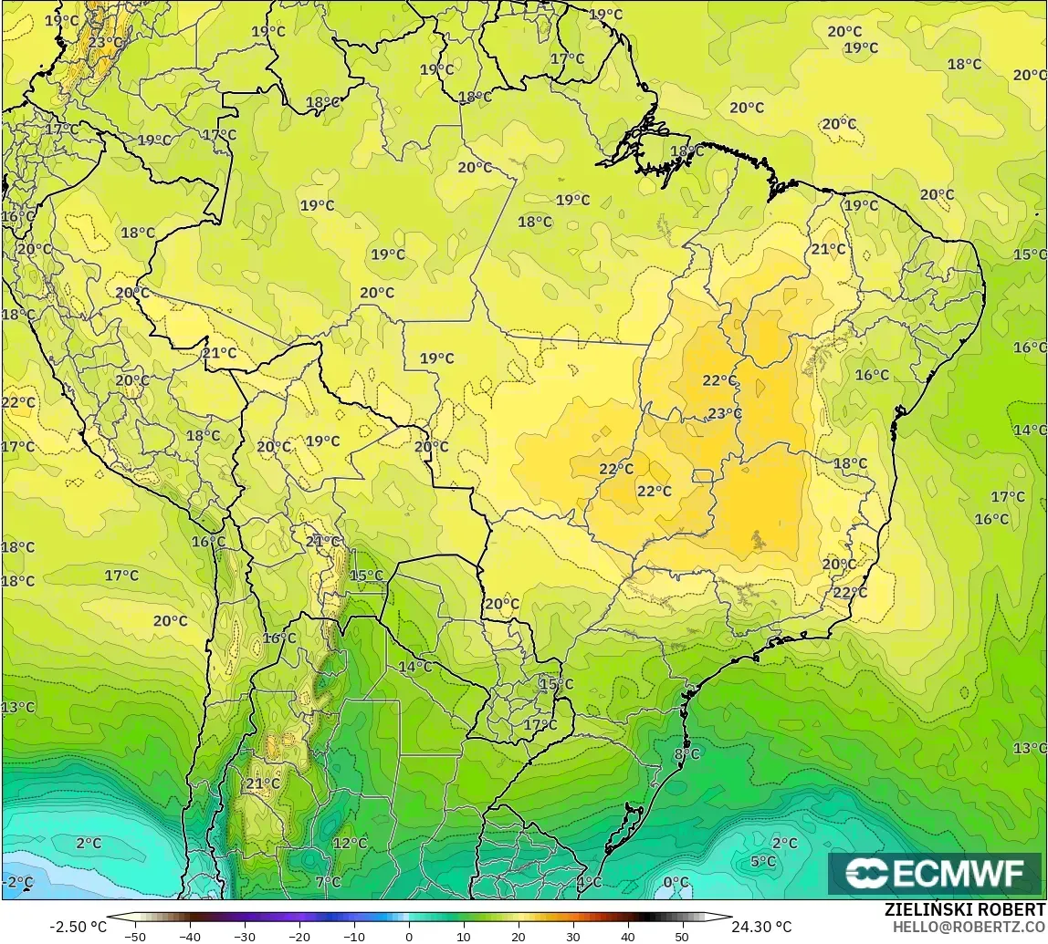 ECMWF IFS 0.25° modelo - Brasil, Temperatura a 850 hPa