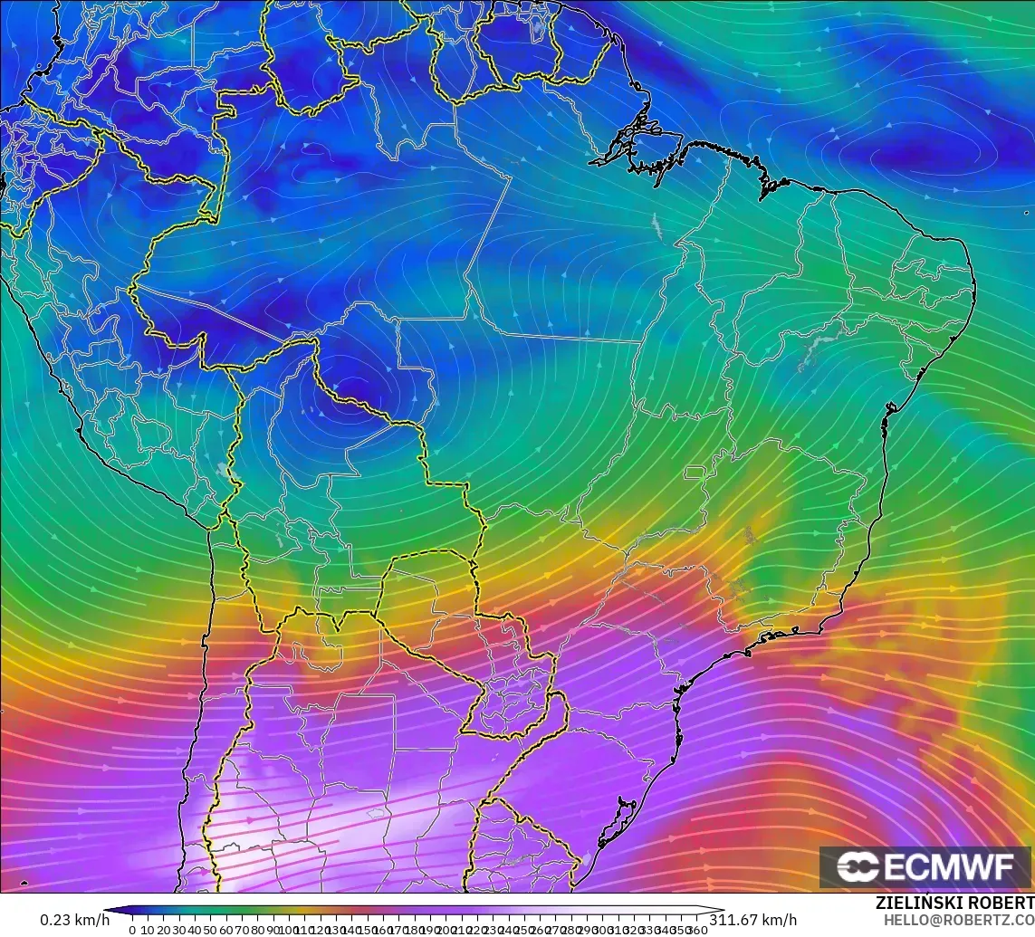ECMWF IFS 0.25° modelo - Brasil, Viento a 300 hPa (corriente en chorro)