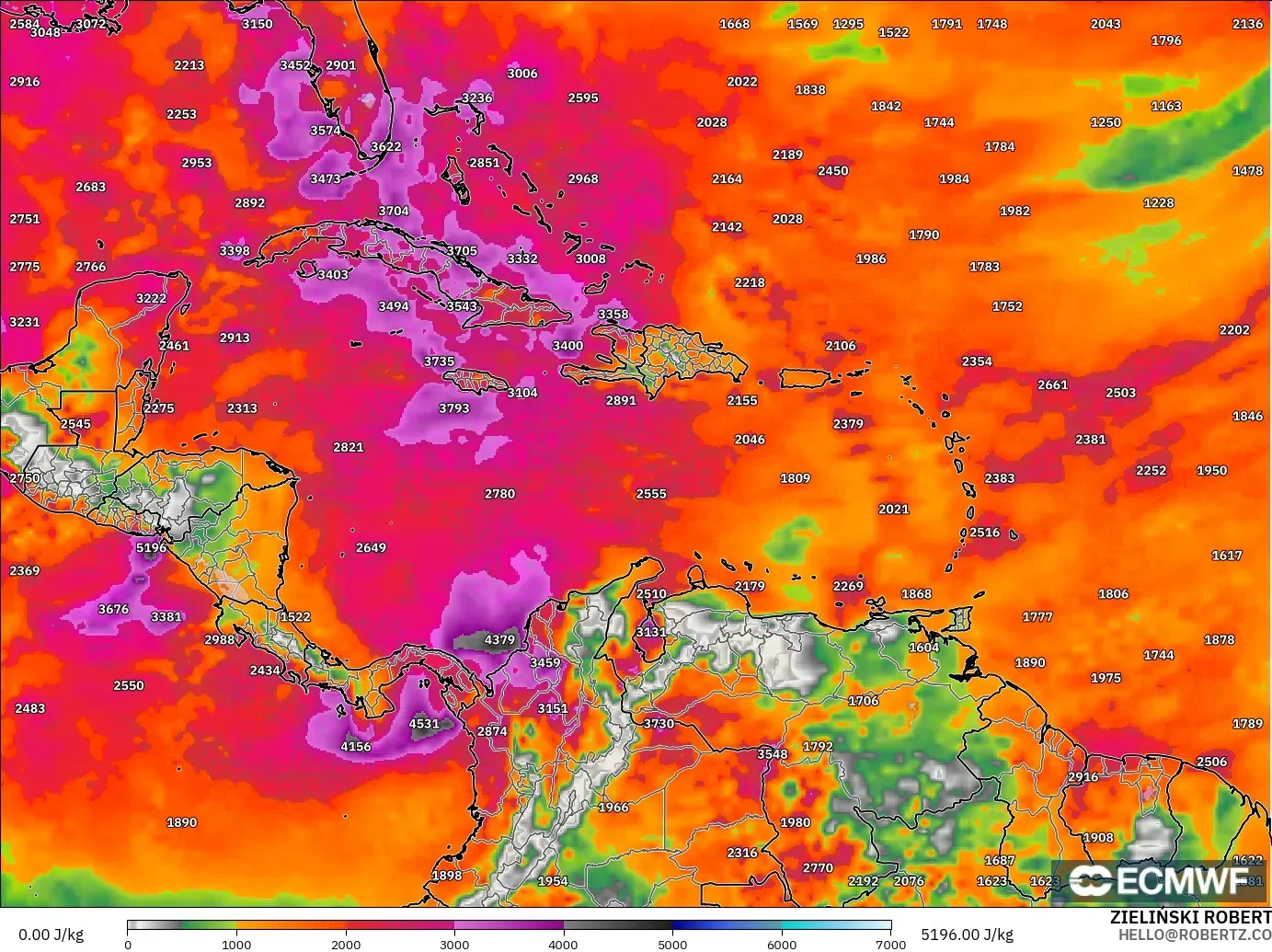 ECMWF IFS 0.25° modelo - Caribe, CAPE