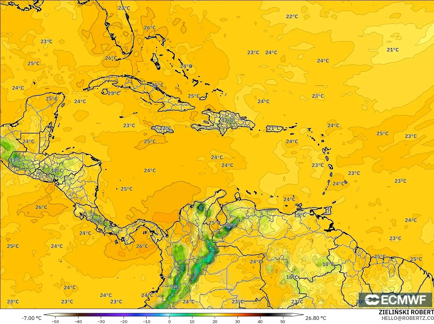 ECMWF IFS 0.25° modelo - Caribe, Punto de rocío a 2 m