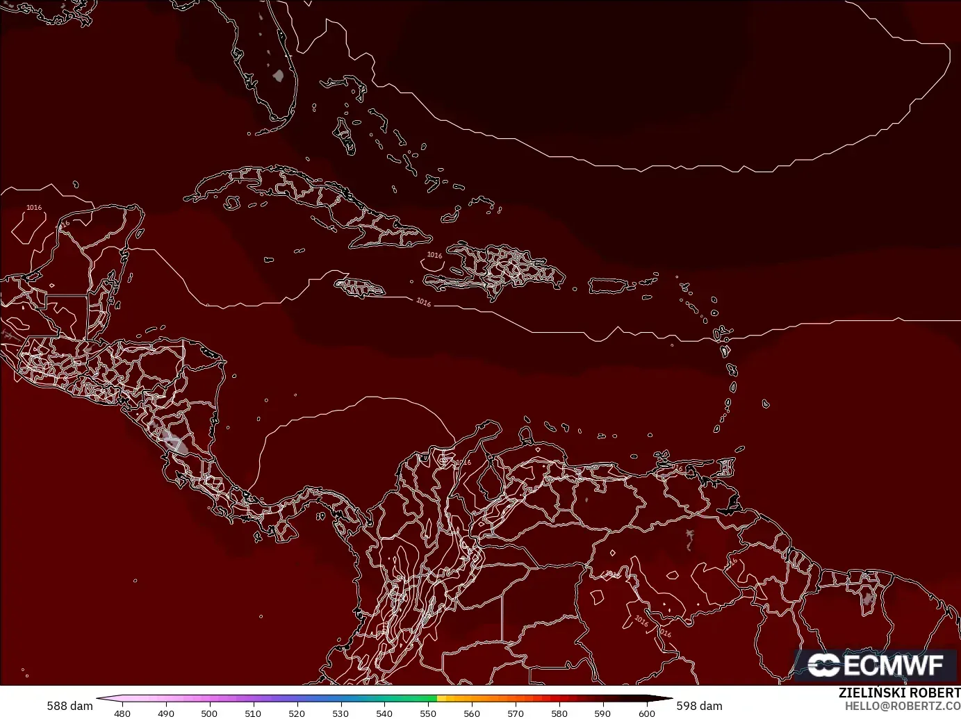 ECMWF IFS 0.25° modelo - Caribe, Altura geopotencial a 500 hPa