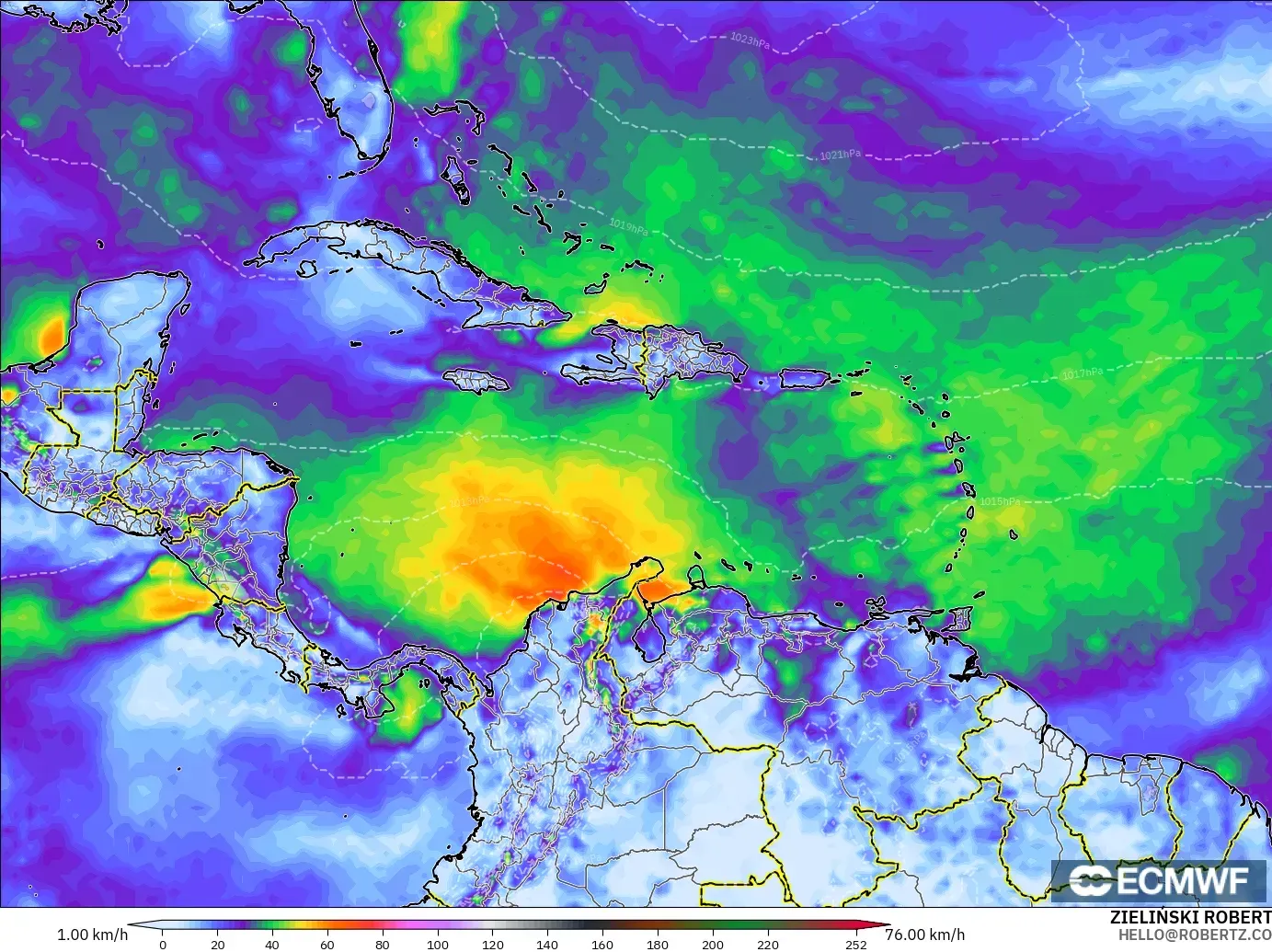 ECMWF IFS 0.25° modelo - Caribe, Ráfagas de Viento Máximas