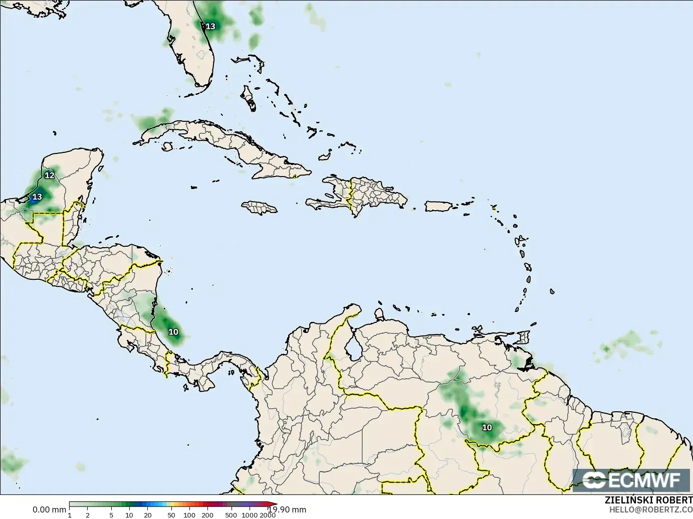 ECMWF IFS 0.25° modelo - Caribe, Acumulación de precipitación