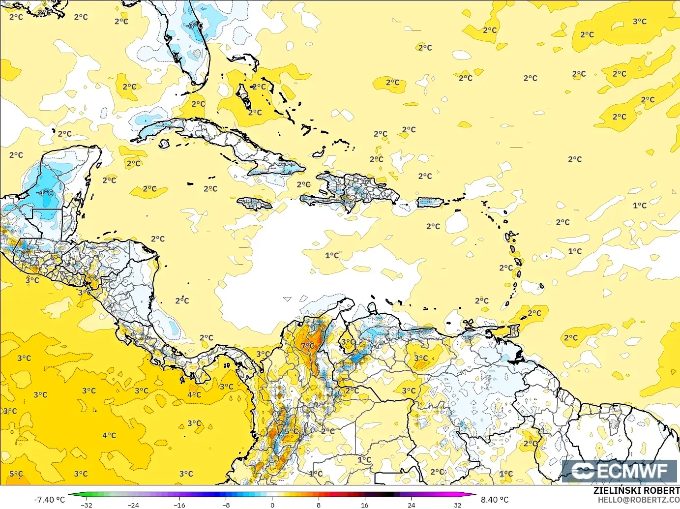 ECMWF IFS 0.25° modelo - Caribe, Anomalía de temperatura a 2 m