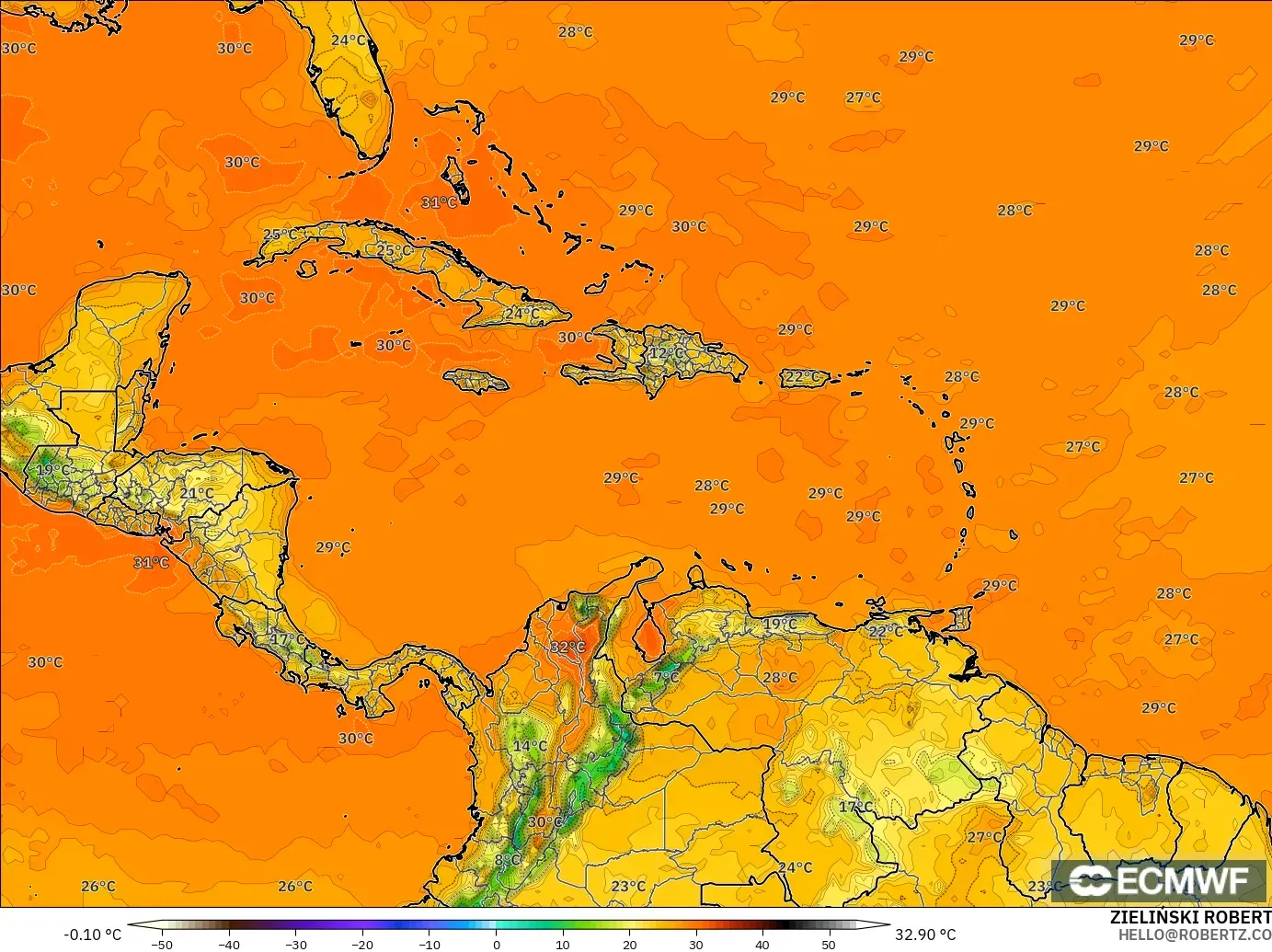 ECMWF IFS 0.25° modelo - Caribe, Temperatura a 2 m