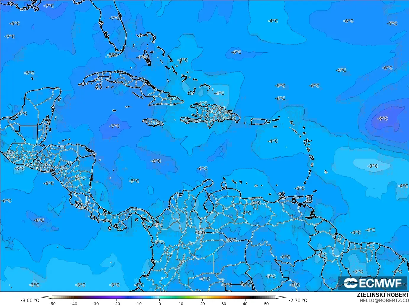 ECMWF IFS 0.25° modelo - Caribe, Temperatura a 500 hPa