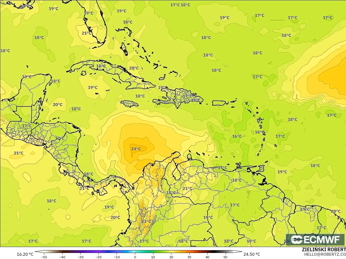 ECMWF IFS 0.25° modelo - Caribe, Temperatura a 850 hPa