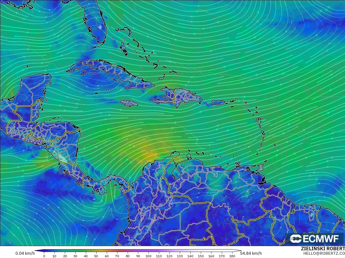 ECMWF IFS 0.25° modelo - Caribe, Viento a 10 m