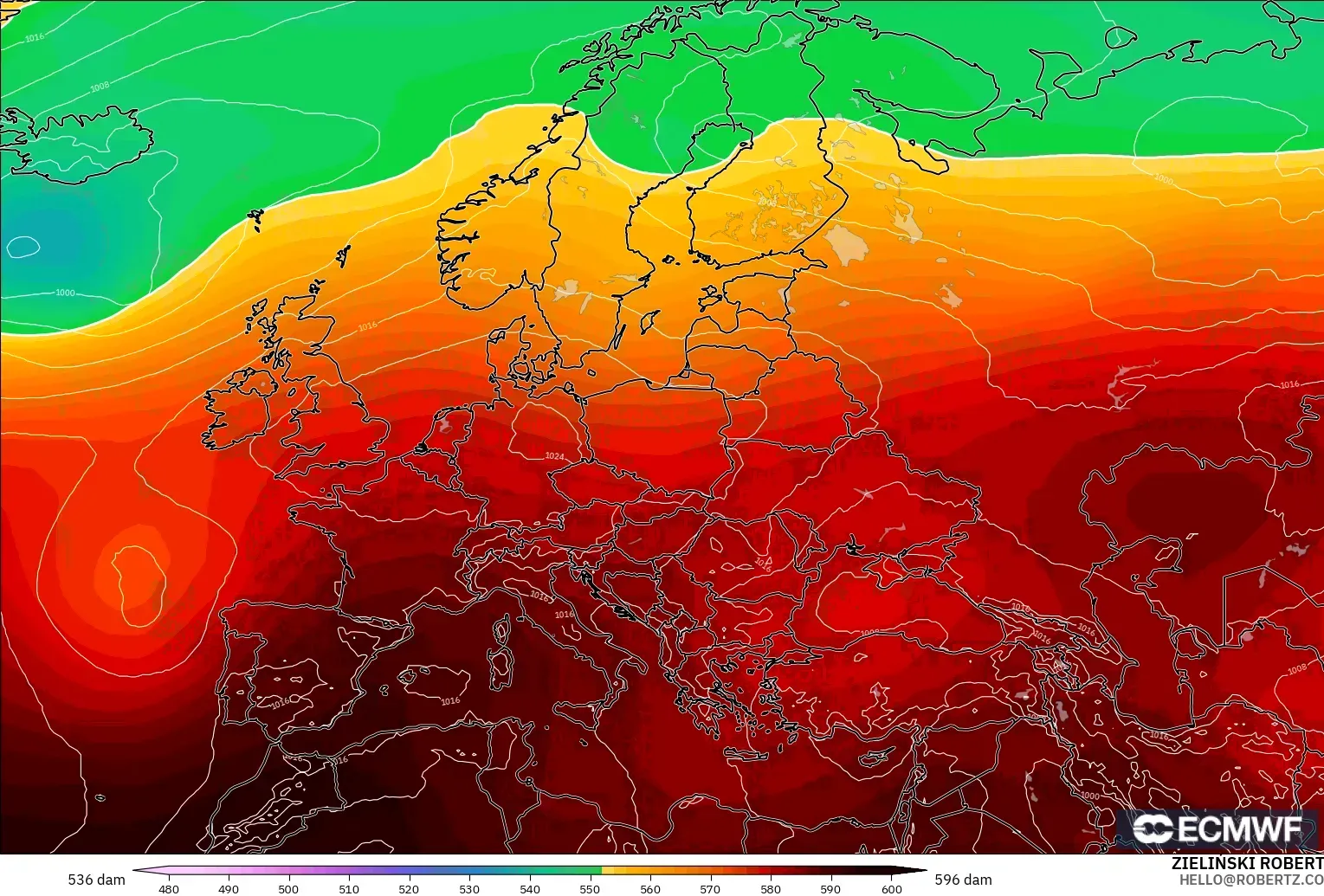 ECMWF IFS 0.25° modelo - Europa, Altura geopotencial a 500 hPa
