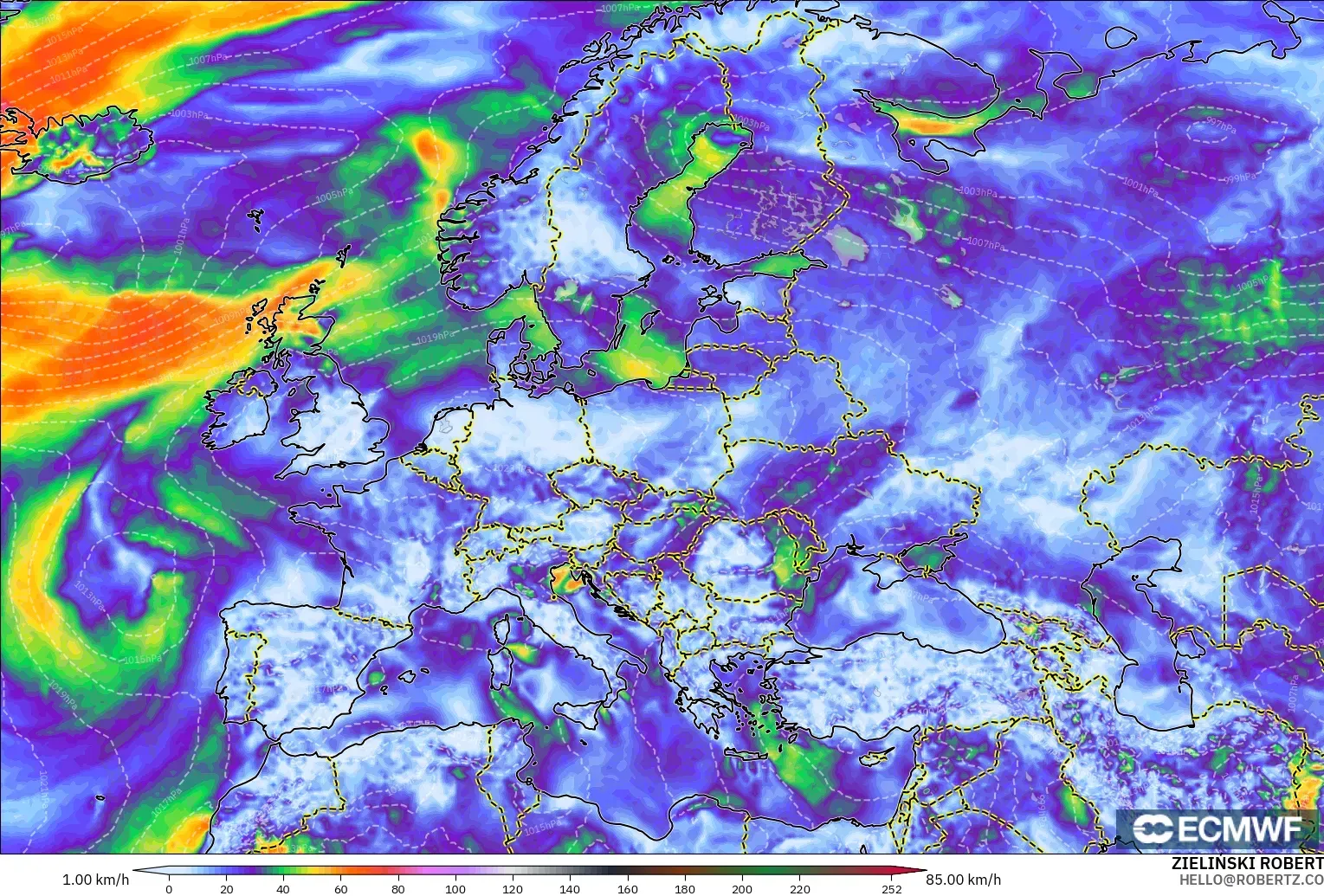 ECMWF IFS 0.25° modelo - Europa, Ráfagas de Viento Máximas