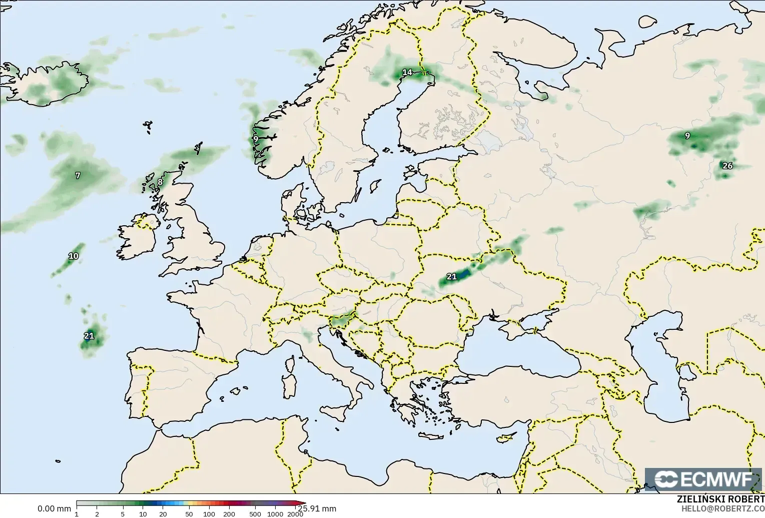 ECMWF IFS 0.25° modelo - Europa, Acumulación de precipitación