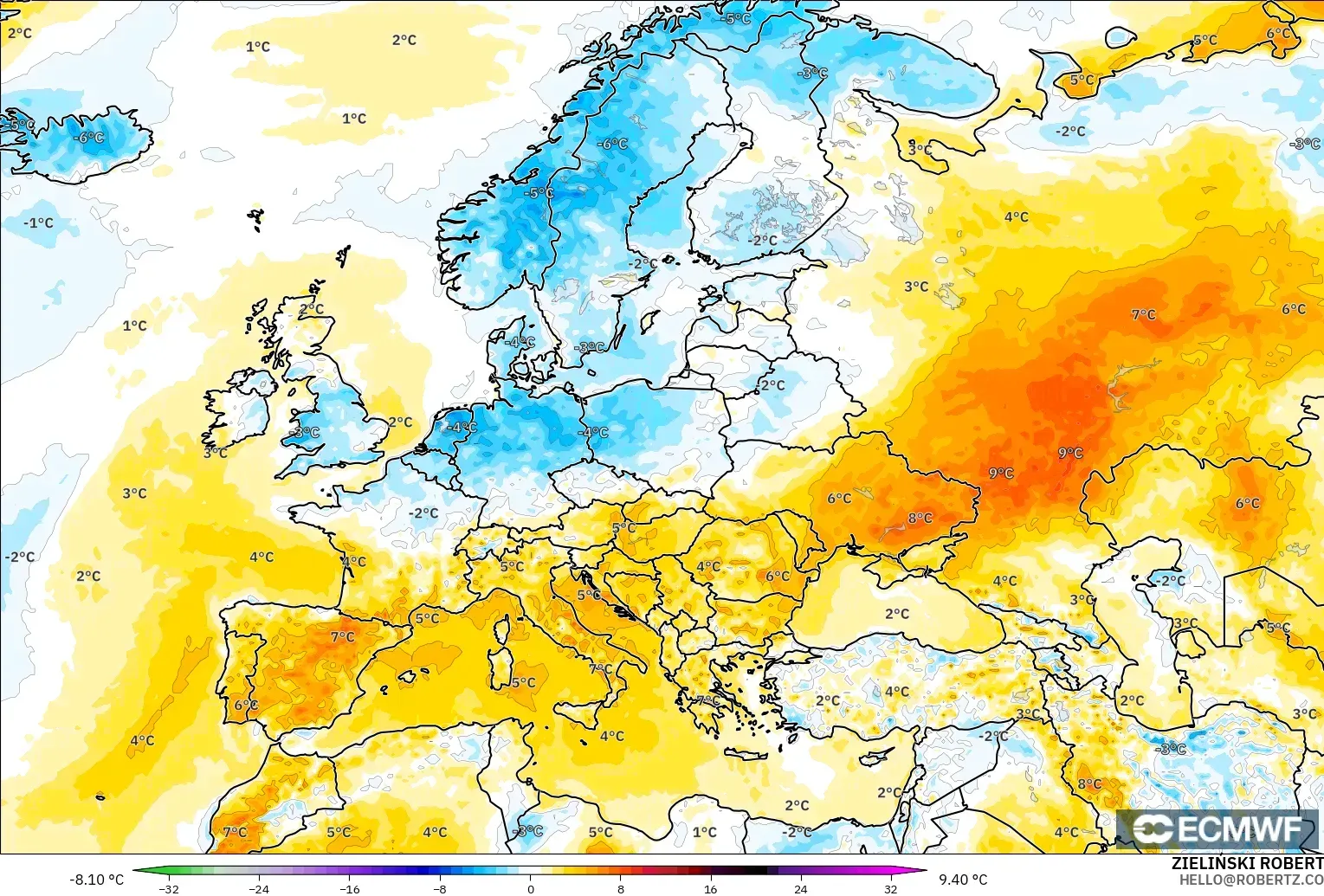 ECMWF IFS 0.25° modelo - Europa, Anomalía de temperatura a 2 m