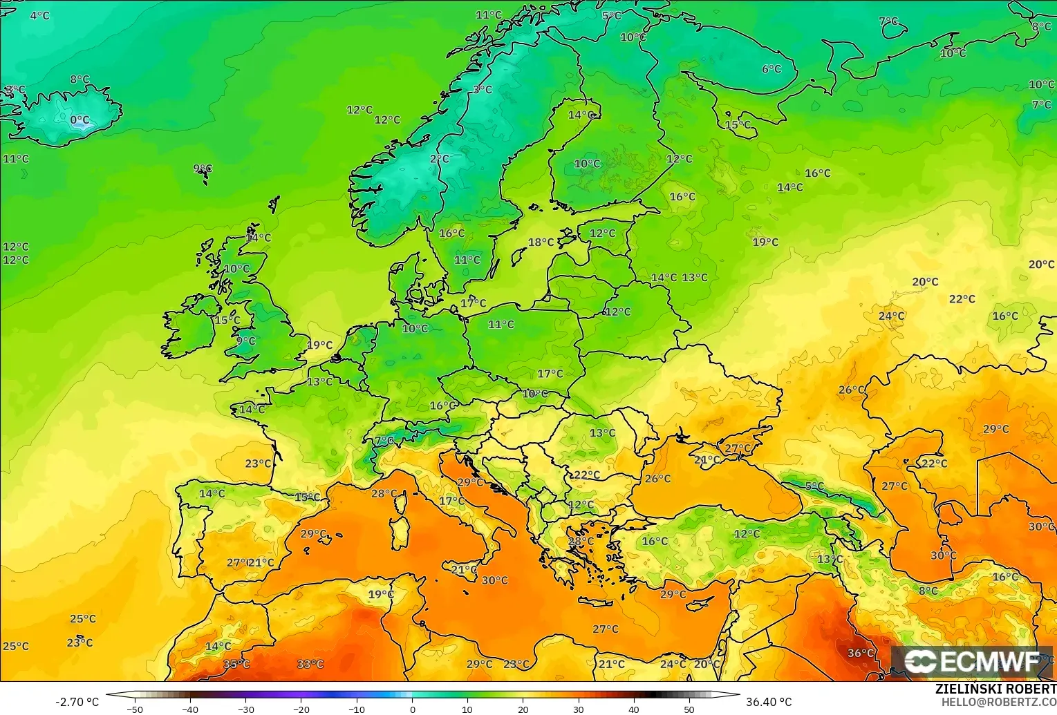 ECMWF IFS 0.25° modelo - Europa, Temperatura a 2 m