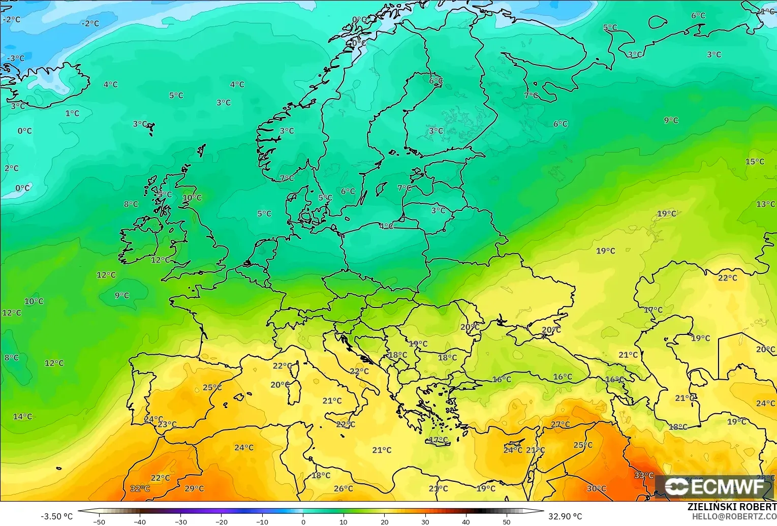 ECMWF IFS 0.25° modelo - Europa, Temperatura a 850 hPa