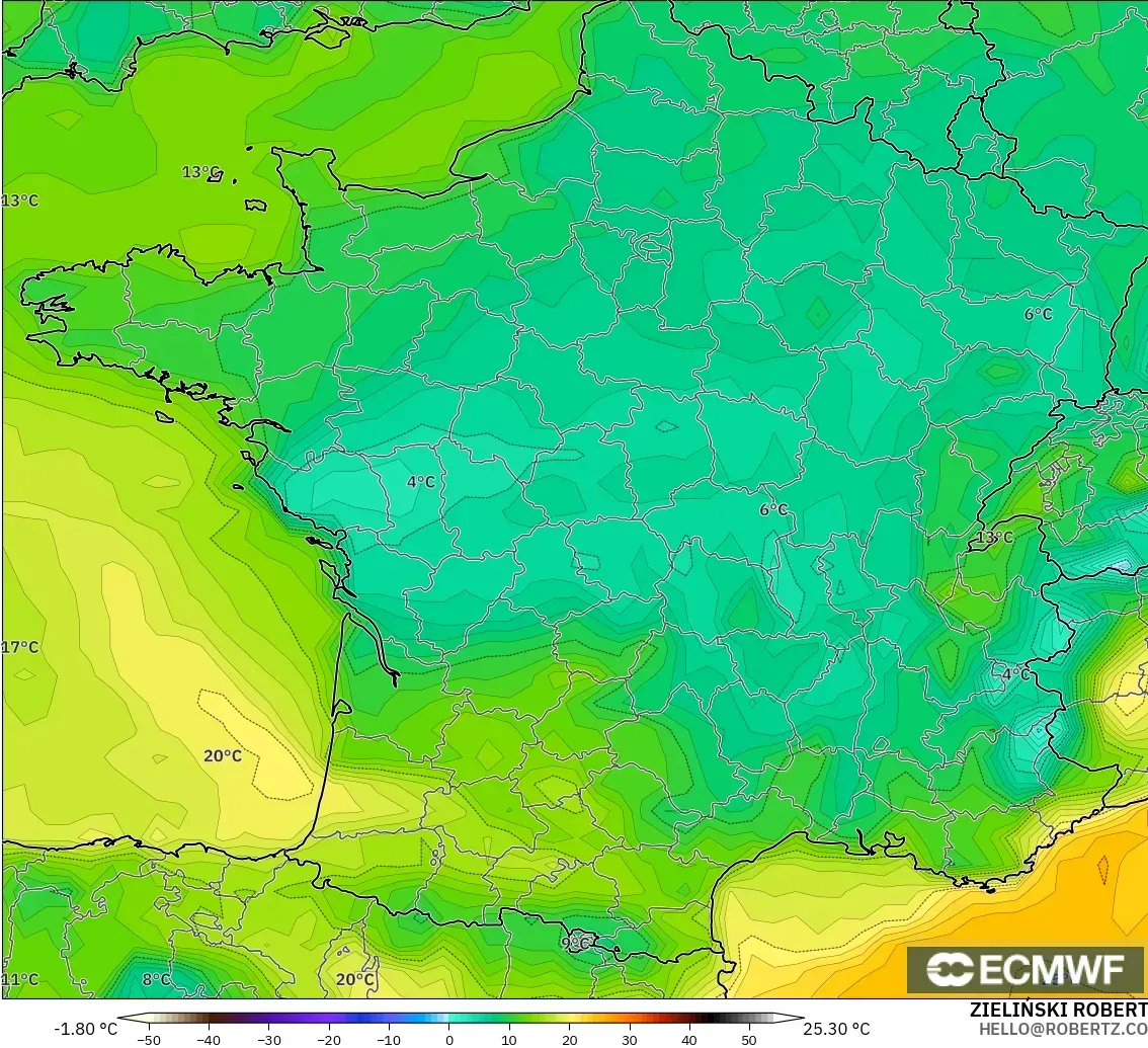 ECMWF IFS 0.25° modelo - Francia, Punto de rocío a 2 m