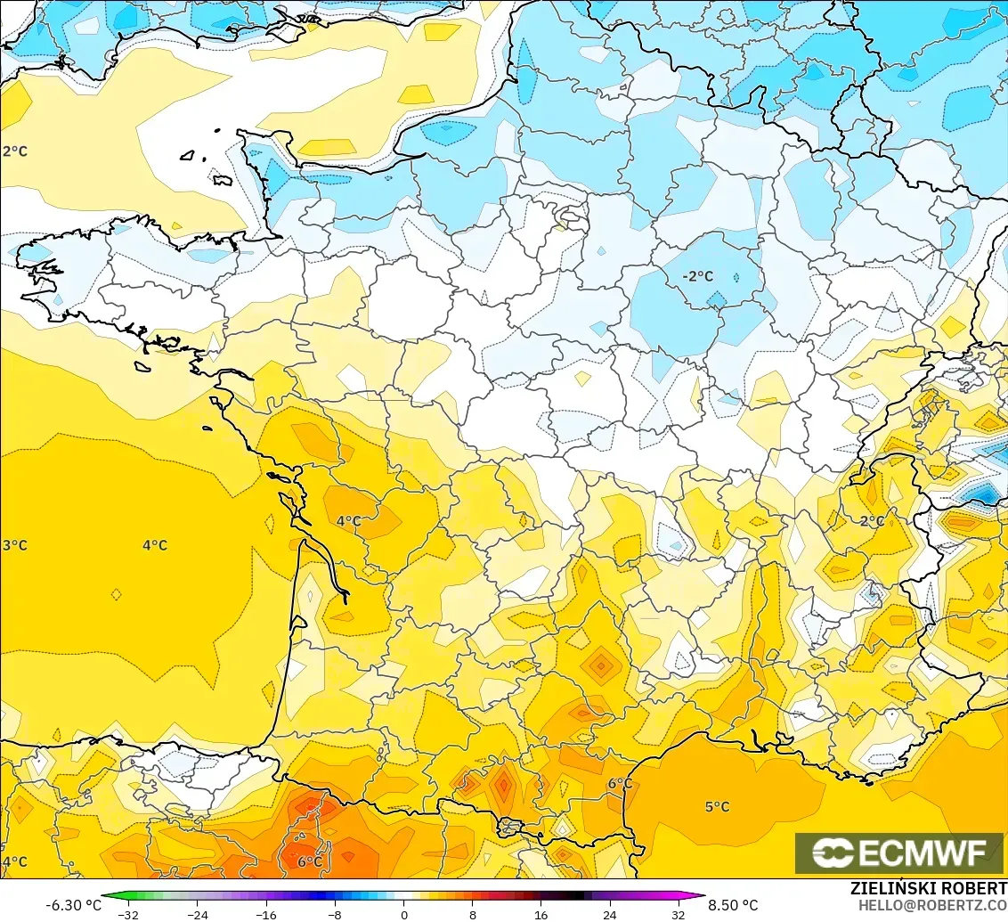 ECMWF IFS 0.25° modelo - Francia, Anomalía de temperatura a 2 m