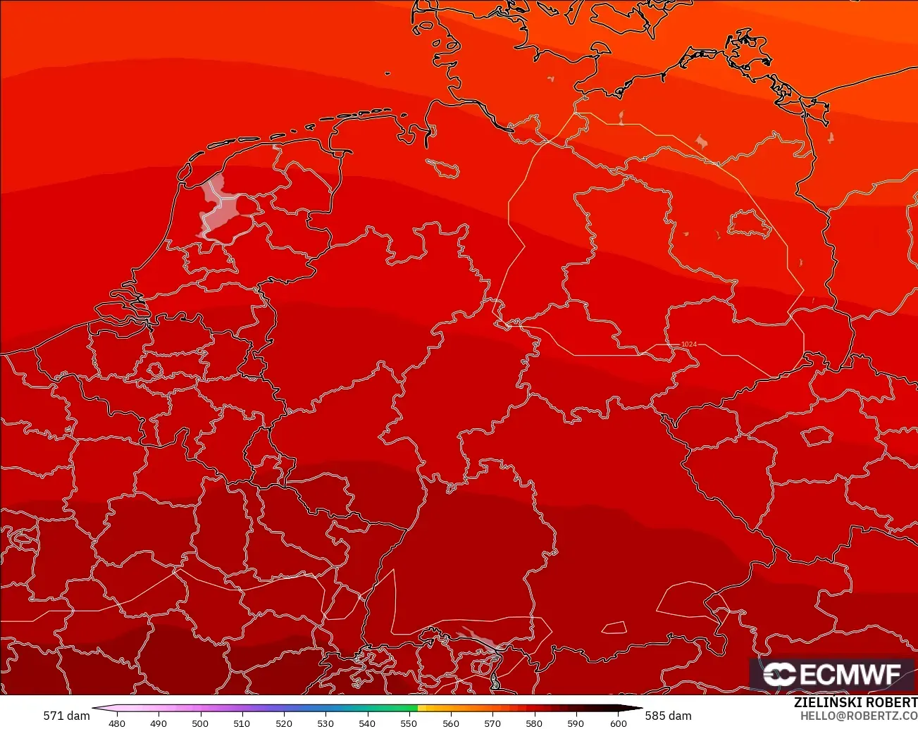 ECMWF IFS 0.25° modelo - Alemania, Altura geopotencial a 500 hPa