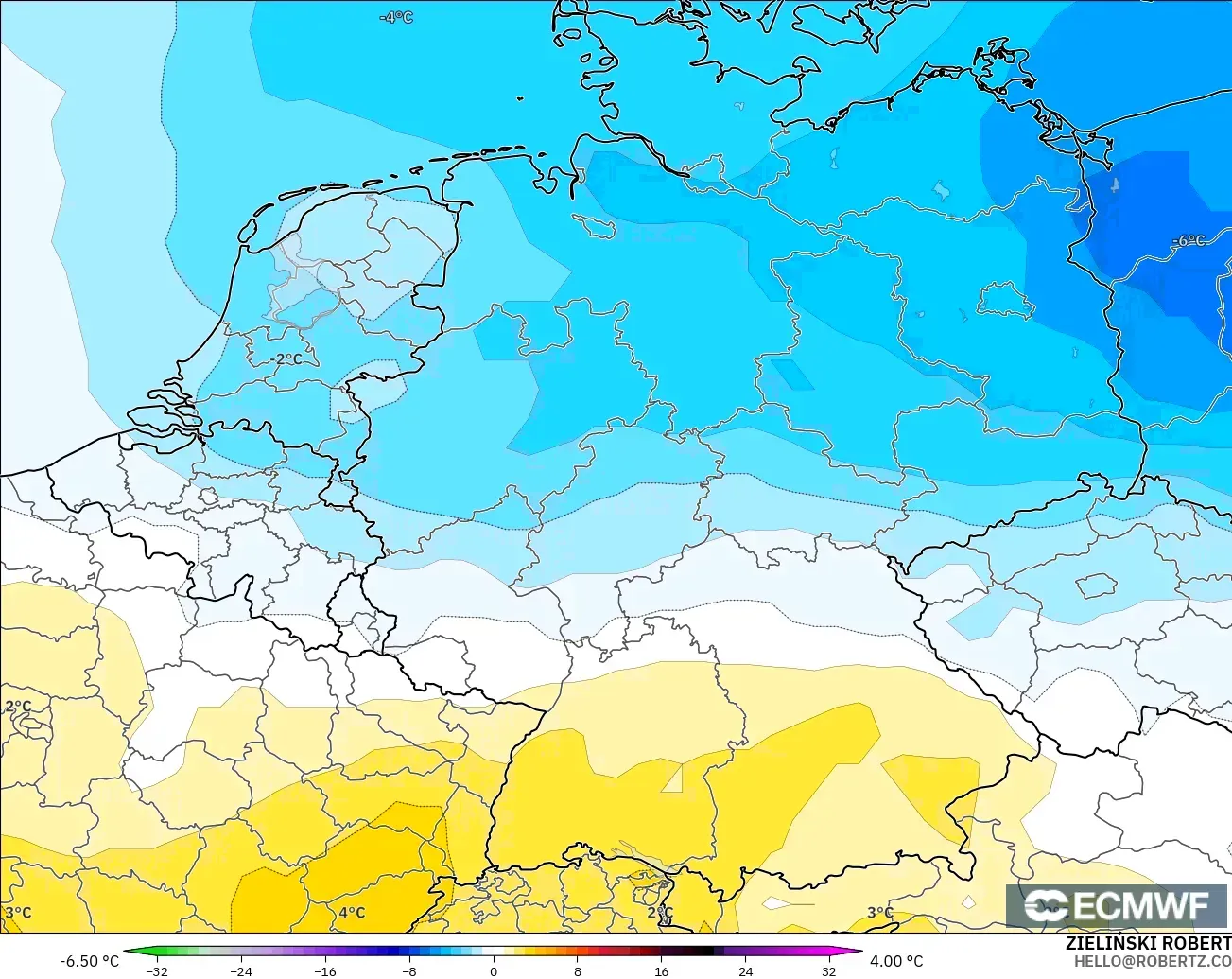 ECMWF IFS 0.25° modelo - Alemania, Anomalía de temperatura a 850 hPa