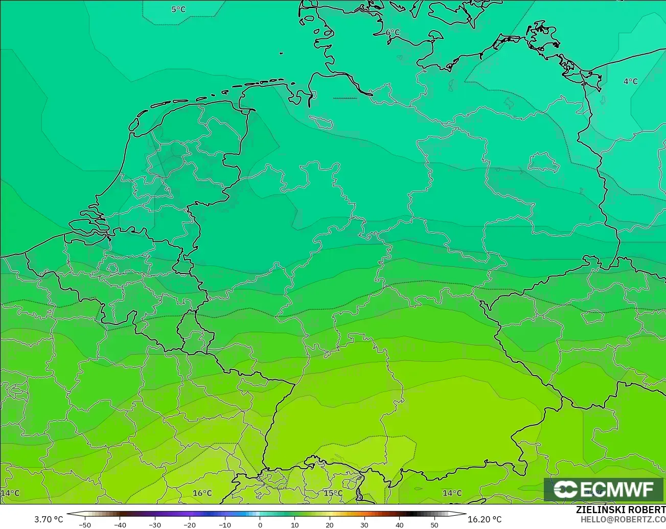 ECMWF IFS 0.25° modelo - Alemania, Temperatura a 850 hPa