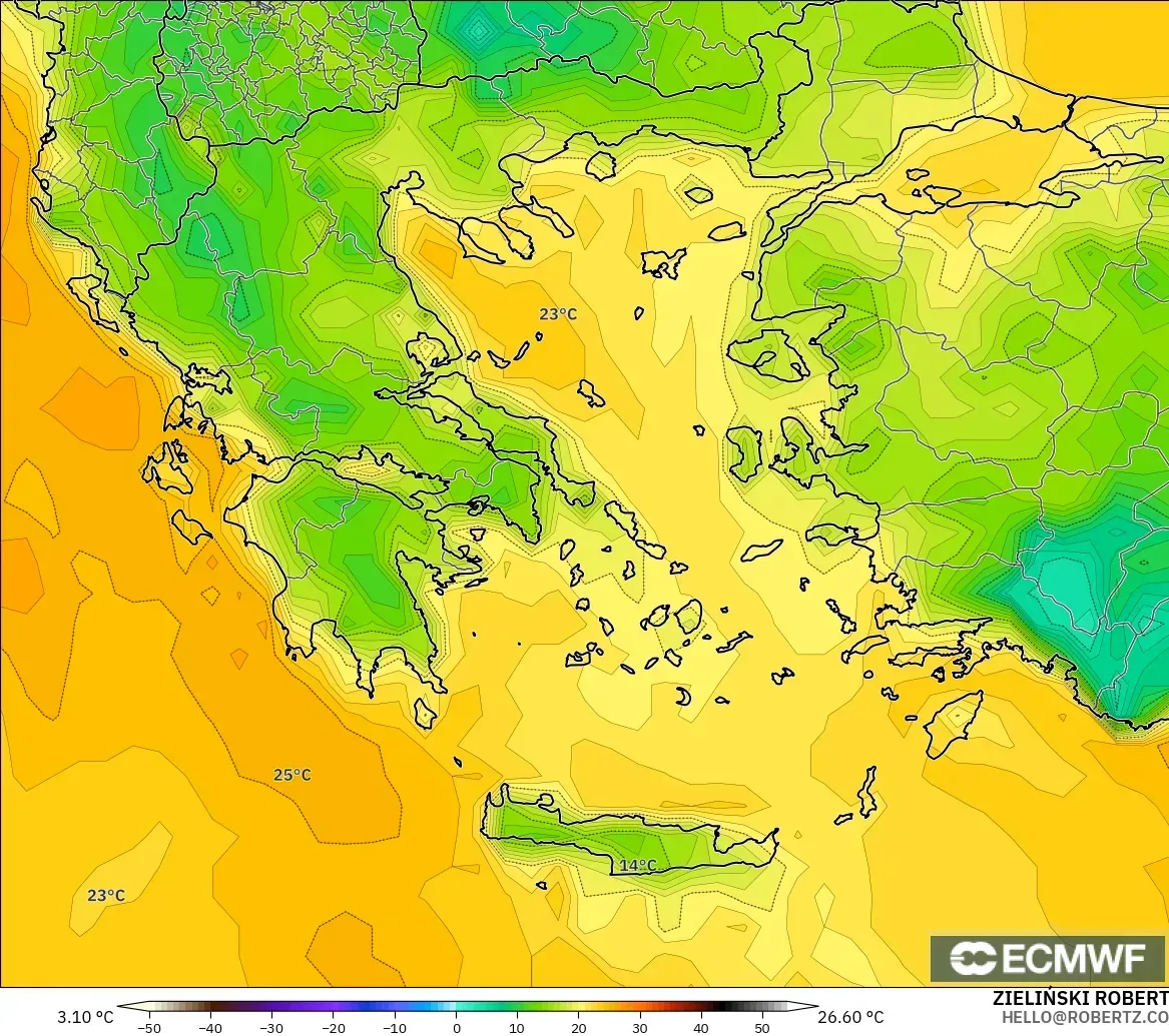ECMWF IFS 0.25° modelo - Grecia, Punto de rocío a 2 m