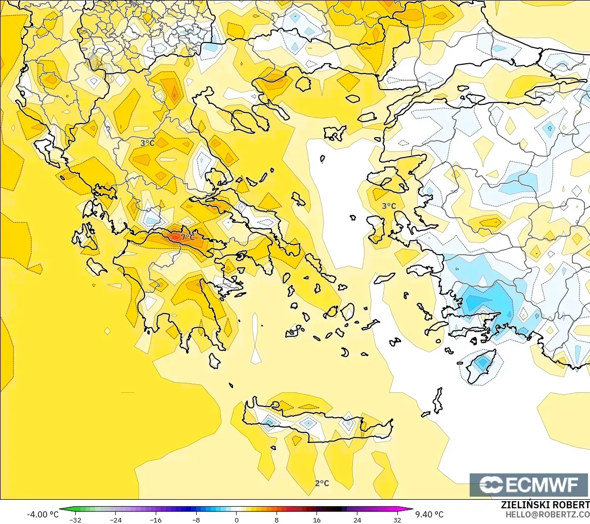 ECMWF IFS 0.25° modelo - Grecia, Anomalía de temperatura a 2 m