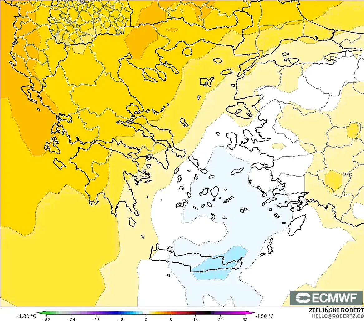 ECMWF IFS 0.25° modelo - Grecia, Anomalía de temperatura a 850 hPa