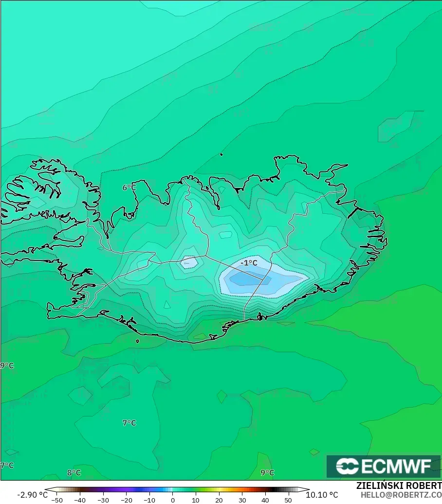 ECMWF IFS 0.25° modelo - Islandia, Punto de rocío a 2 m