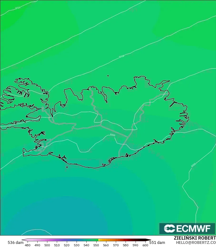 ECMWF IFS 0.25° modelo - Islandia, Altura geopotencial a 500 hPa
