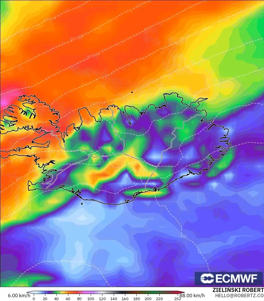 ECMWF IFS 0.25° modelo - Islandia, Ráfagas de Viento Máximas
