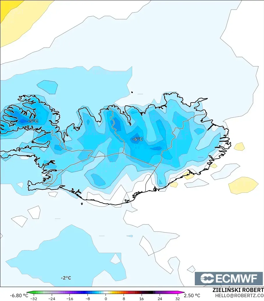ECMWF IFS 0.25° modelo - Islandia, Anomalía de temperatura a 2 m