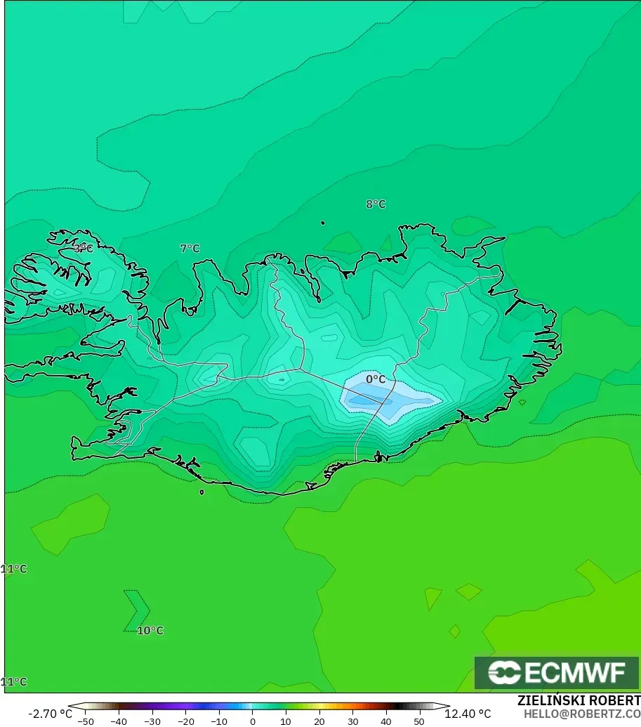 ECMWF IFS 0.25° modelo - Islandia, Temperatura a 2 m