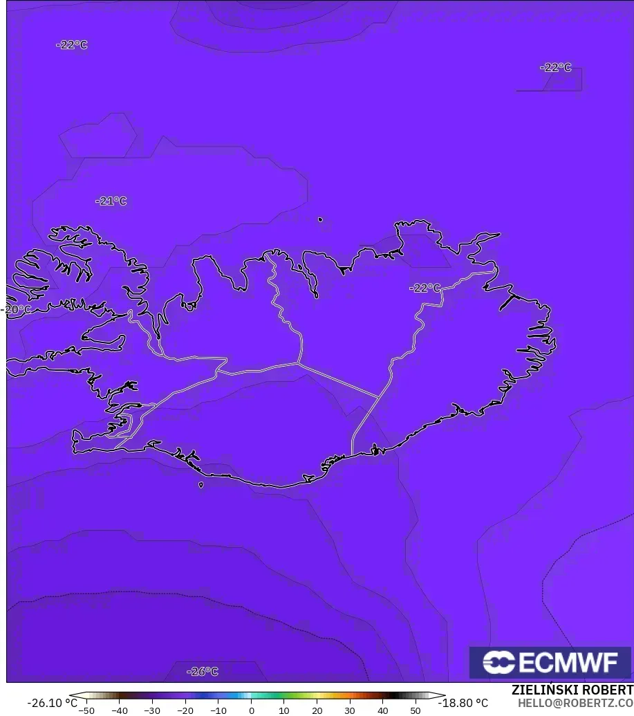 ECMWF IFS 0.25° modelo - Islandia, Temperatura a 500 hPa