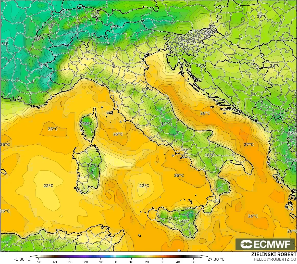 ECMWF IFS 0.25° modelo - Italia, Punto de rocío a 2 m
