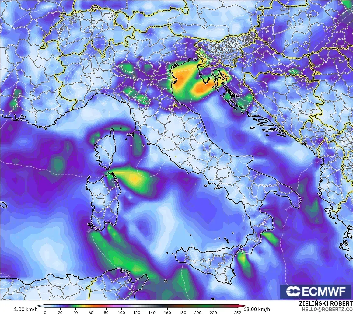 ECMWF IFS 0.25° modelo - Italia, Ráfagas de viento