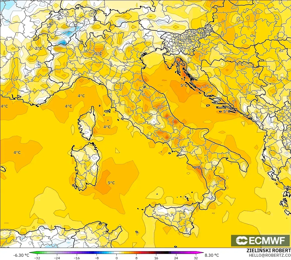 ECMWF IFS 0.25° modelo - Italia, Anomalía de temperatura a 2 m
