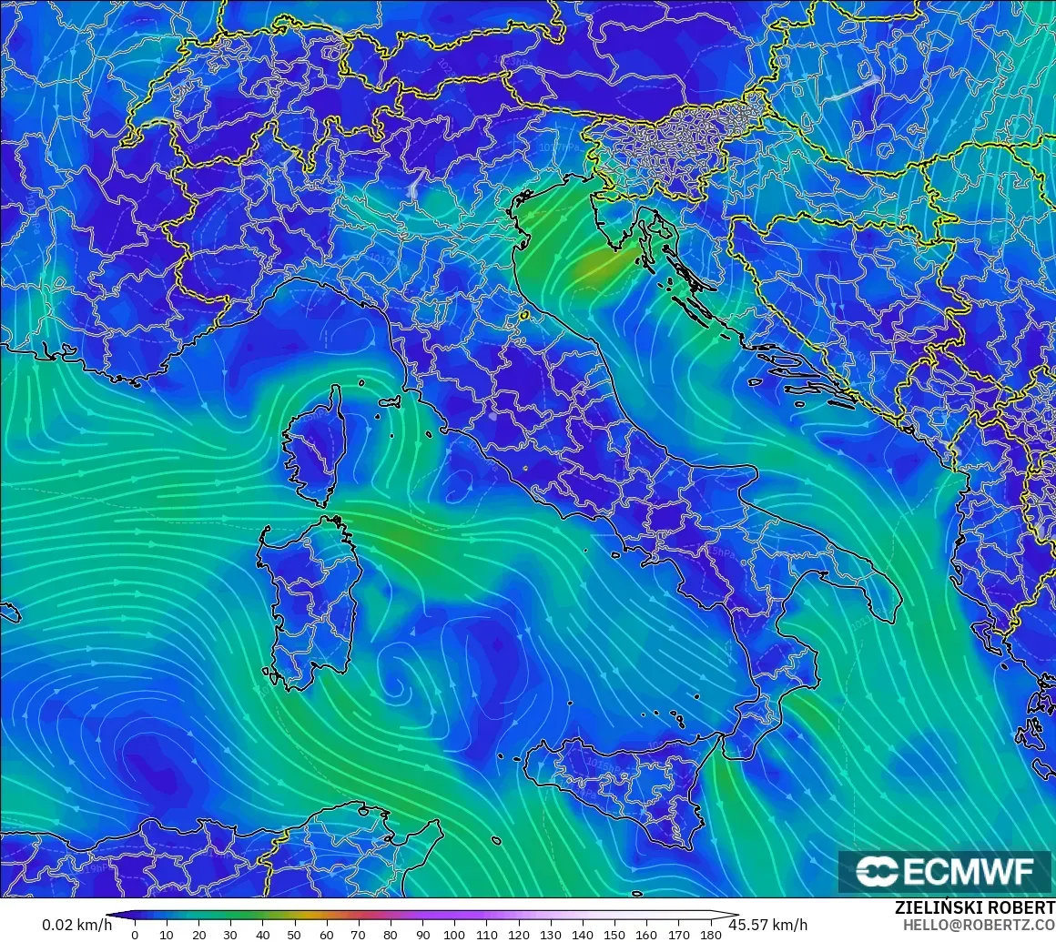 ECMWF IFS 0.25° modelo - Italia, Viento a 10 m