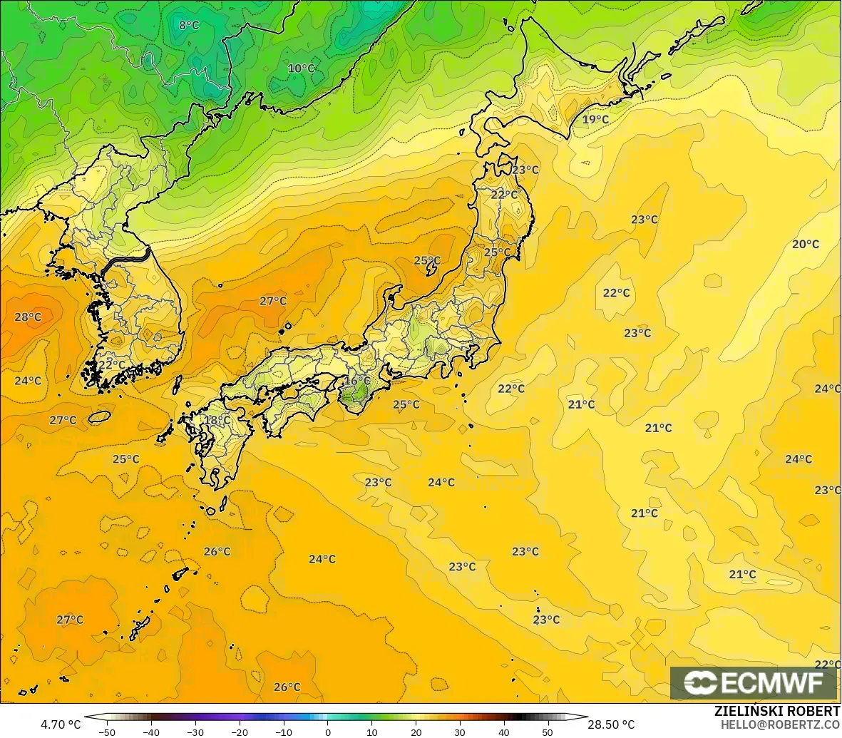 ECMWF IFS 0.25° modelo - Japón, Punto de rocío a 2 m