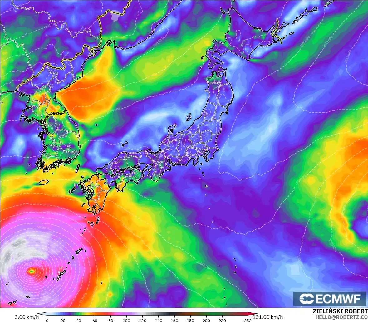 ECMWF IFS 0.25° modelo - Japón, Ráfagas de Viento Máximas